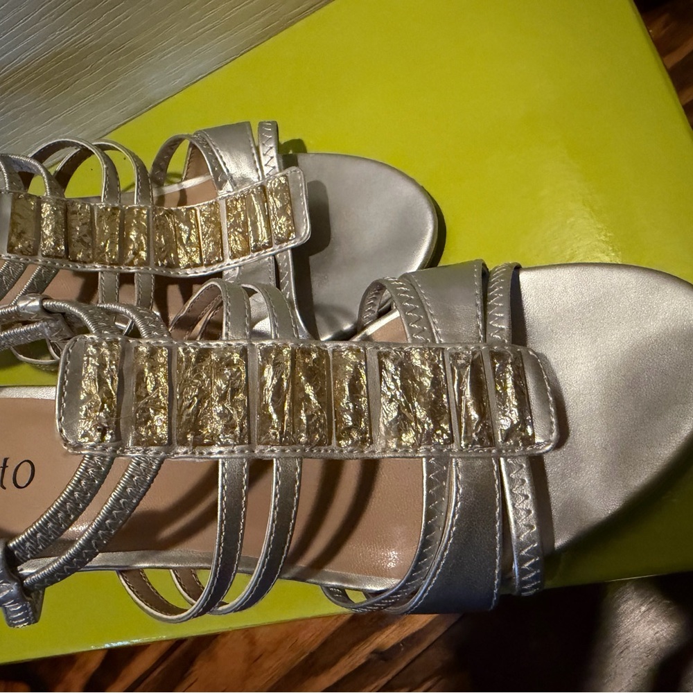 Rialto Metallic Silver Strappy Slingback Heels with Gem Trim - Picture 2 of 4